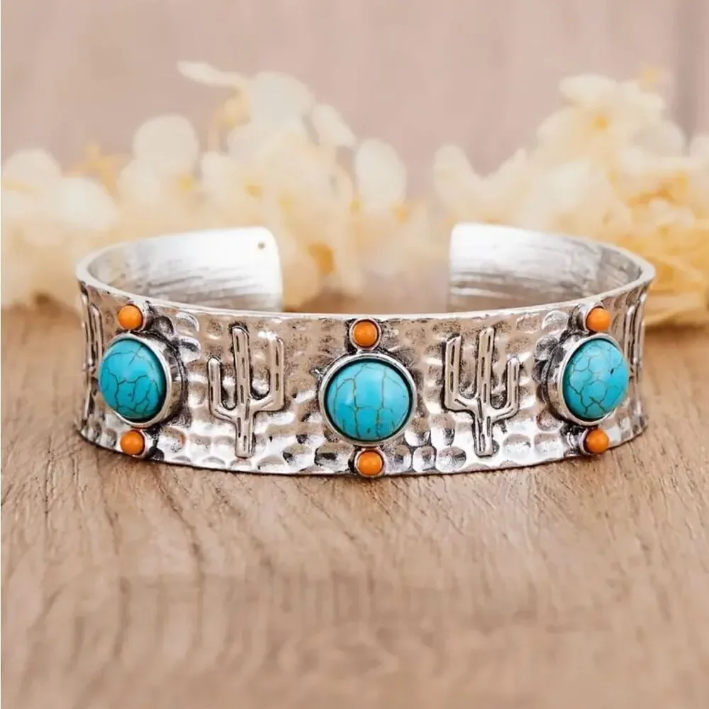 Desert Cactus Silver Bracelet Womens Casual Western Cuff New